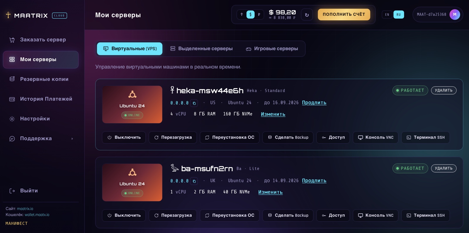 Панель управления MAATRIX — «Мои серверы»